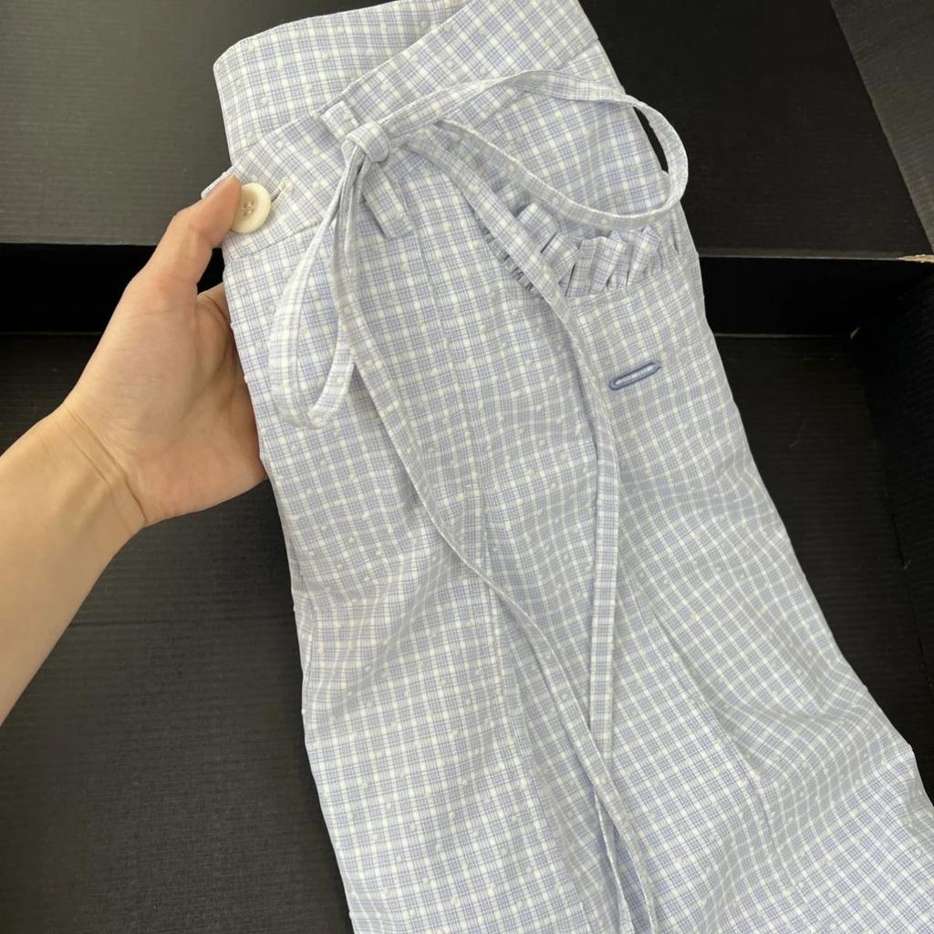 Damskor Vår/Sommar Långsam Stil Blå Rutig Volang Hög Midja Lös Vida Ben Golvlånga Byxor