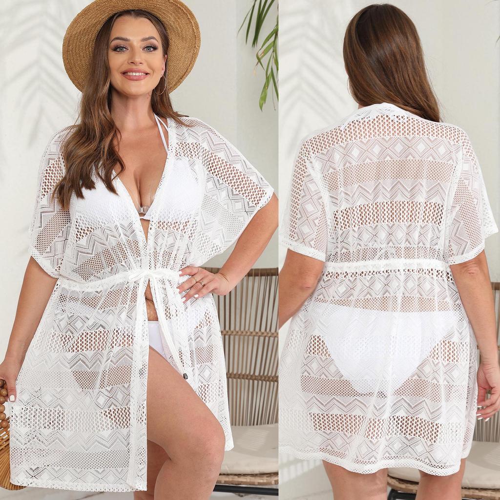 Long-sleeved Oversized Sexy See-through Lace Top with Drawstring Straps and Waistband for Sun Protection, Women's Style.