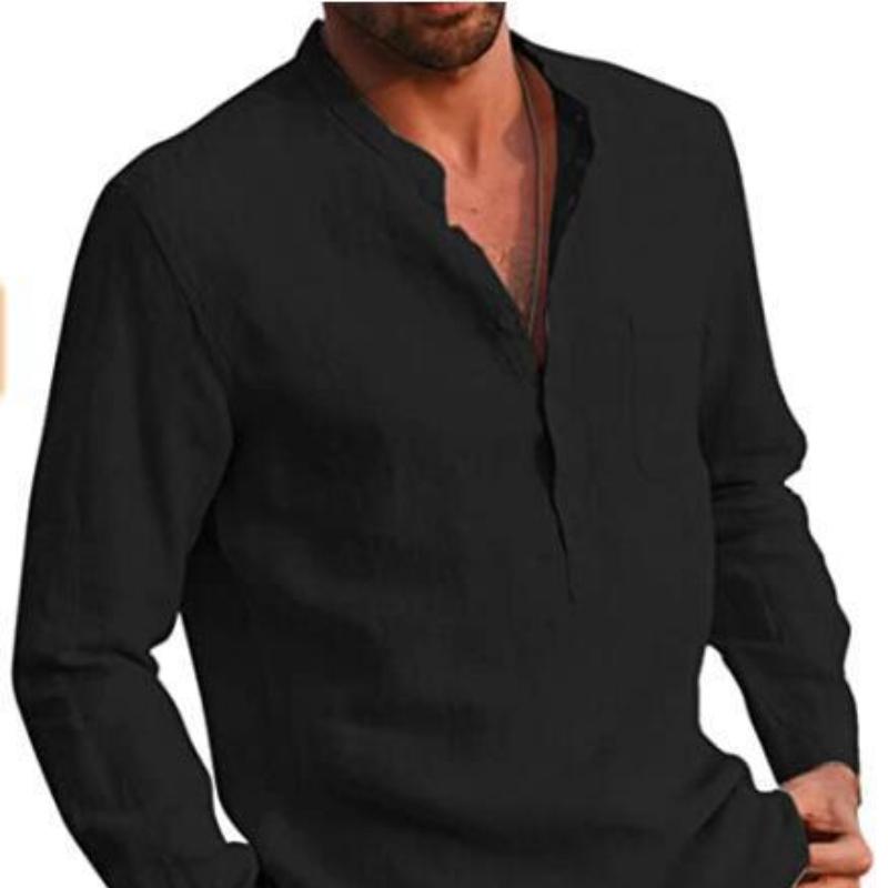 Men's Long-sleeved V-neck Casual Beach Linen Shirt Men's New Versatile Thin Models of Fashion Shirt Tops
