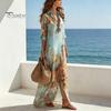 Casual Vakantiejurk Dames Dames Boho Bedrukte Blouse Maxi Jurk, 3/4 Mouw Knopen Makkelijk te Onderhouden Reis Lange Zomer Losse Vloeiende Strand Zomerjurk