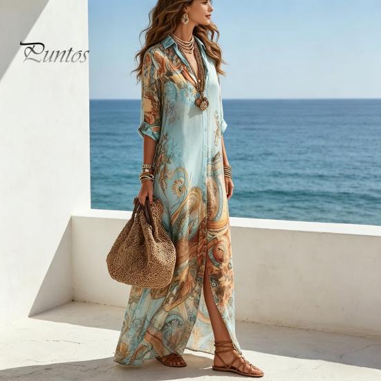Casual Vakantiejurk Dames Dames Boho Bedrukte Blouse Maxi Jurk, 3/4 Mouw Knopen Makkelijk te Onderhouden Reis Lange Zomer Losse Vloeiende Strand Zomerjurk