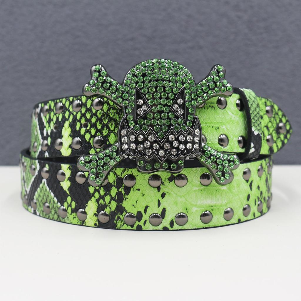 Unisex Y2K Rhinestone Skull Punk Belt with Rivet and Python Skin Design