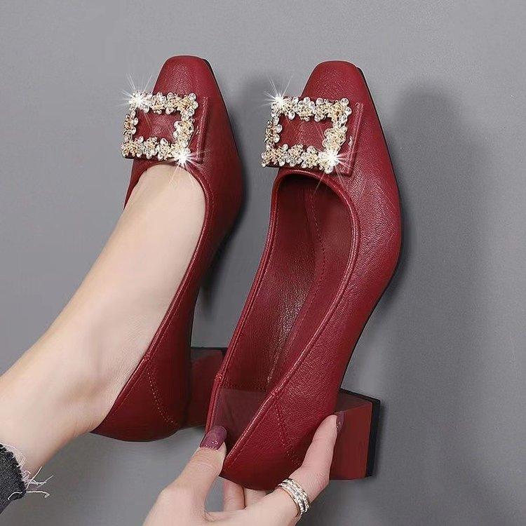 Coarse Heel Shallow Mouth Single Shoes Women's 2025 New Spring Square Head Rhinestone High Heels Medium Heel Versatile Temperament Work Shoes