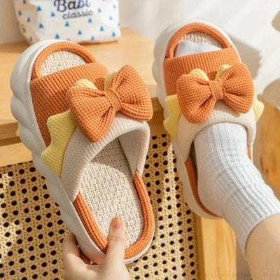 Spring Summer Women Linen Slippers Indoor Slippers Comzy Anti-Slip House Cotton Shoes Cute Bowknot Flat Slipper Couples Slides