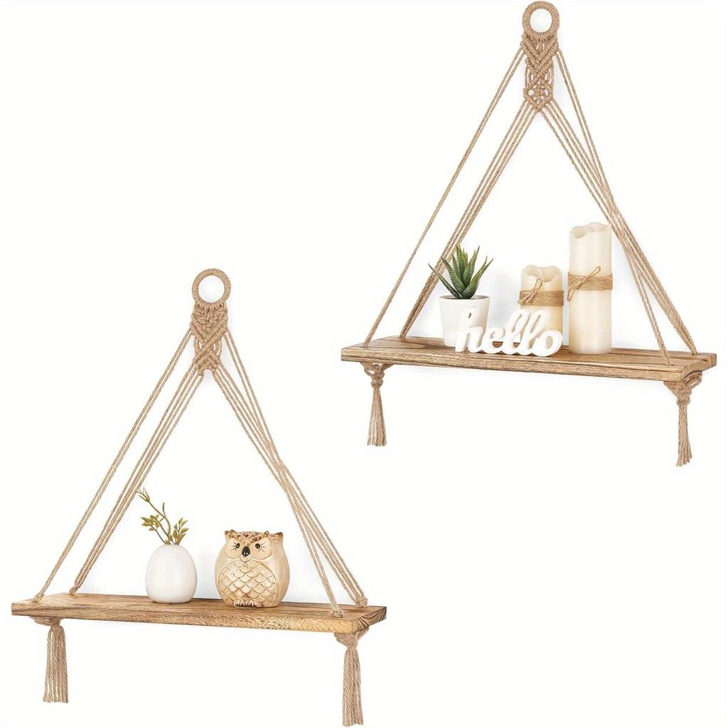 Hanging Shelves Boho Wall Decor 2 pcs Rustic Wood Storage Shelf for Living Room, Display Shelving for Hanging Plants Photos
