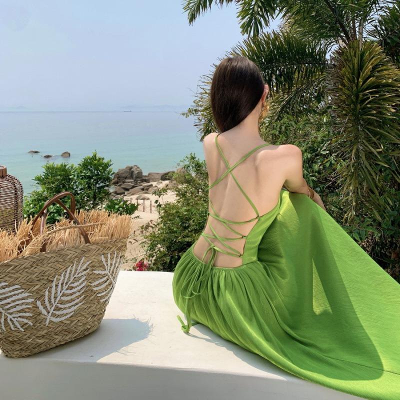Green Backless Adjustable Cross Strap Suspender Dress Women's Summer Island Vacation Beach Long Skirt