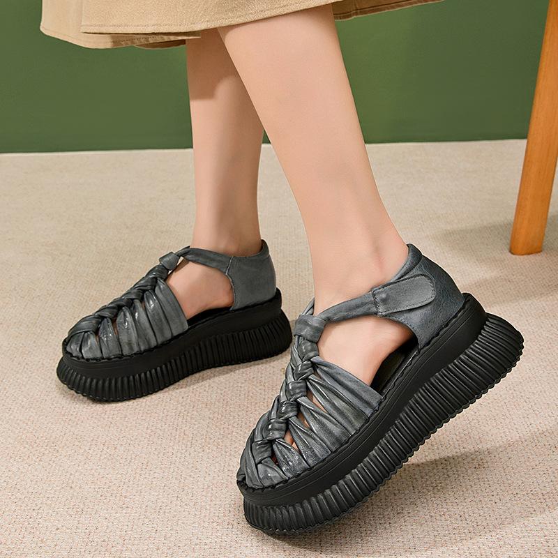 Fashion 5.5CM Cow Genuine Leather Flats Hollow Mary Jane Platform Wedge Booties Sandals Hook Pumps Flats Women Boots Summer Shoes