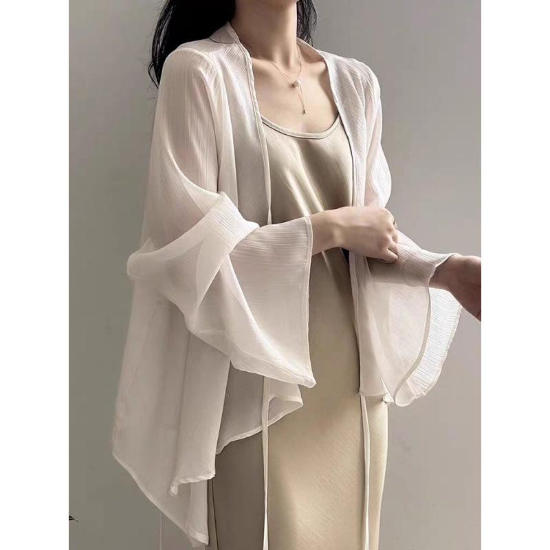 Tencel Chiffon Sonnenschutz-Cardigan Damen Dünne Kleine Jacke Schal Sommer Trägersockelrock Äußere Bluse Tüll-Oberteil