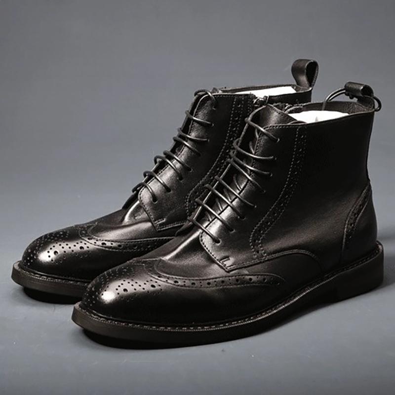 Herren Brogues Luxus Echtes Leder Hohe Qualität Handgefertigt Stiefeletten Runde Spitze Dicke Ferse Schnürung Bequem Männliche Stiefel 43 schwarz