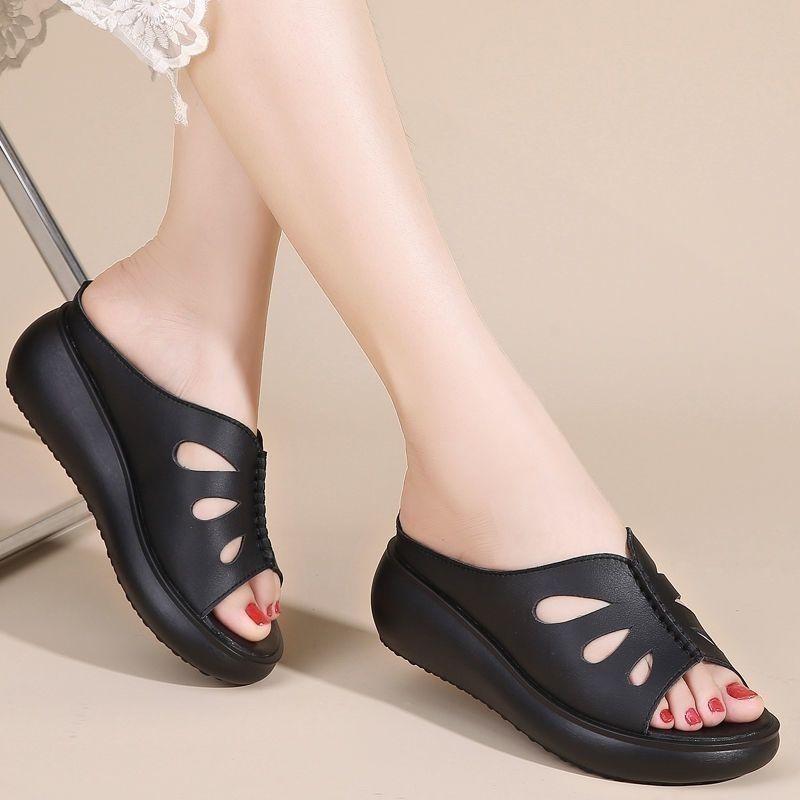 Summer Sandals with Hollow Out Slippers for Middle-aged Women and Sloping Heels