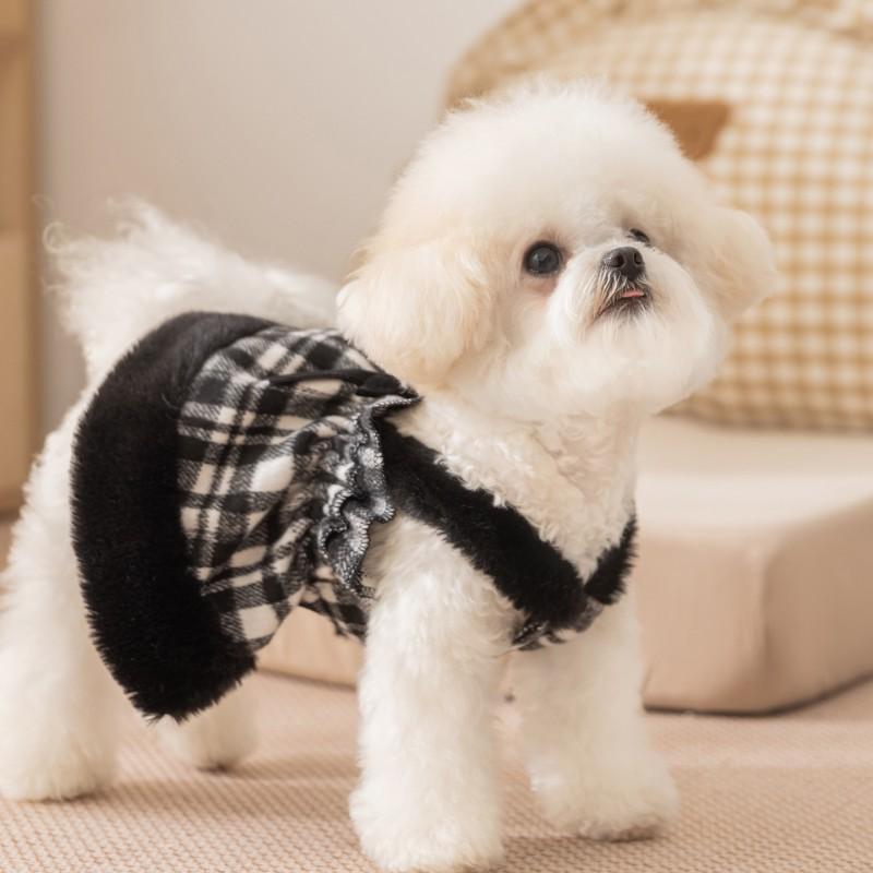 Adorable Dog Dress With Bow Plaid Cotton Outfit Small Medium Breeds Warm Winter Pet Clothing