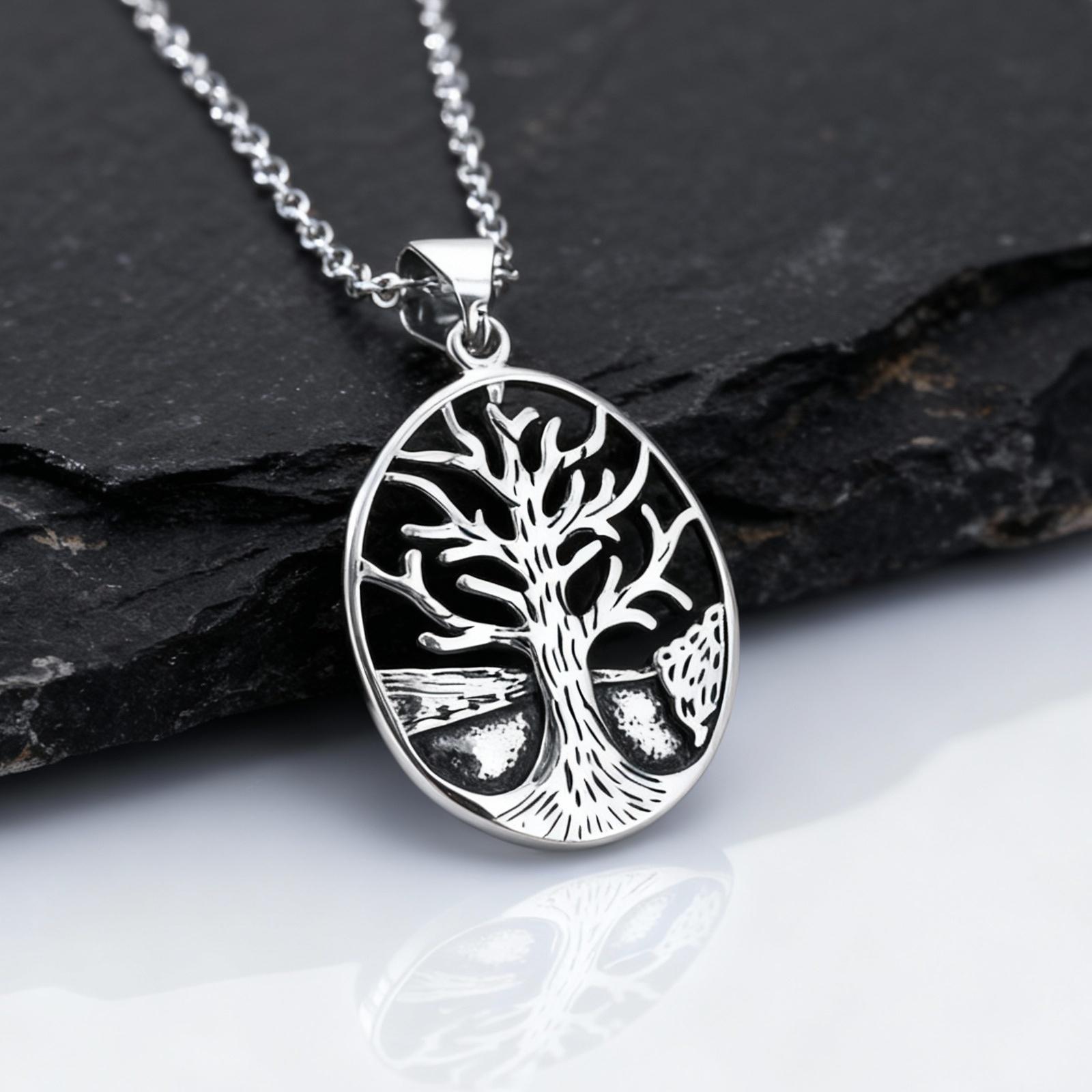 Vintage Tree of Life Necklace for Men Boys,Stainless Steel Silver Color Hollow Trees Pendant,A Symbol of Eternity 60cm