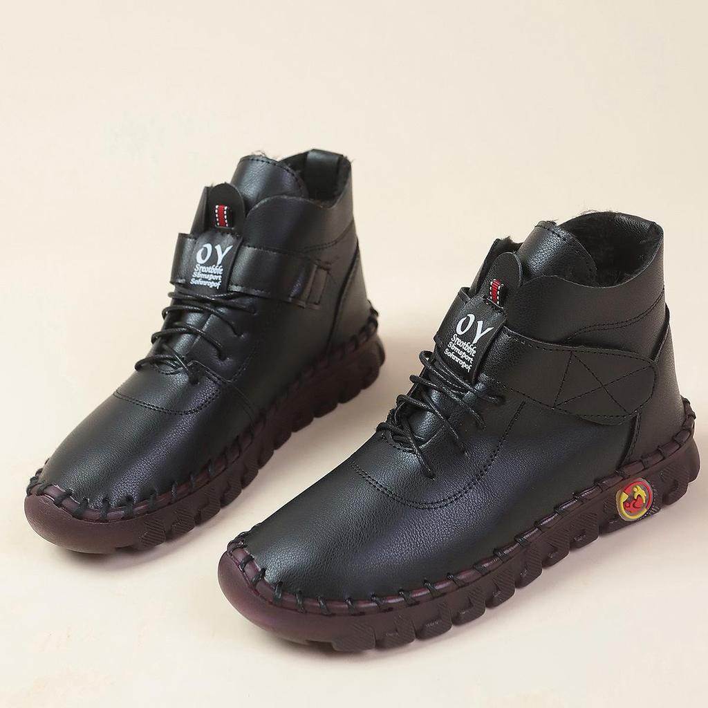 2024 Autumn/Winter Plus Size Women’s Leather Ankle Boots, Round Toe Flat Heel Velcro Style