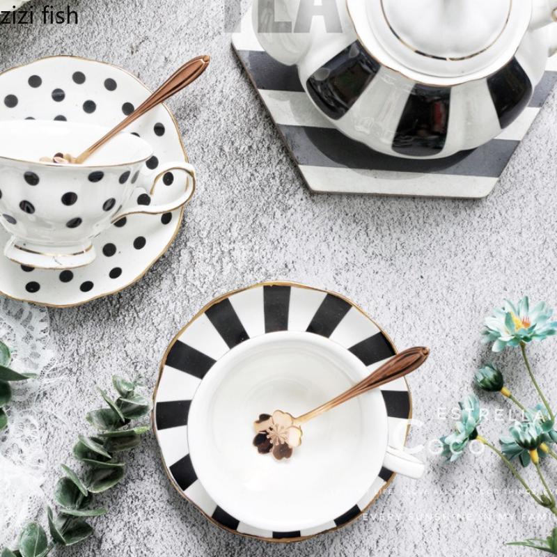 Black White Polka Dot Striped Coffee Cup Ceramic Water Cups Afternoon Tea Mug Oat Breakfast Cup Milk Mug Flower Tea Cups Teapot
