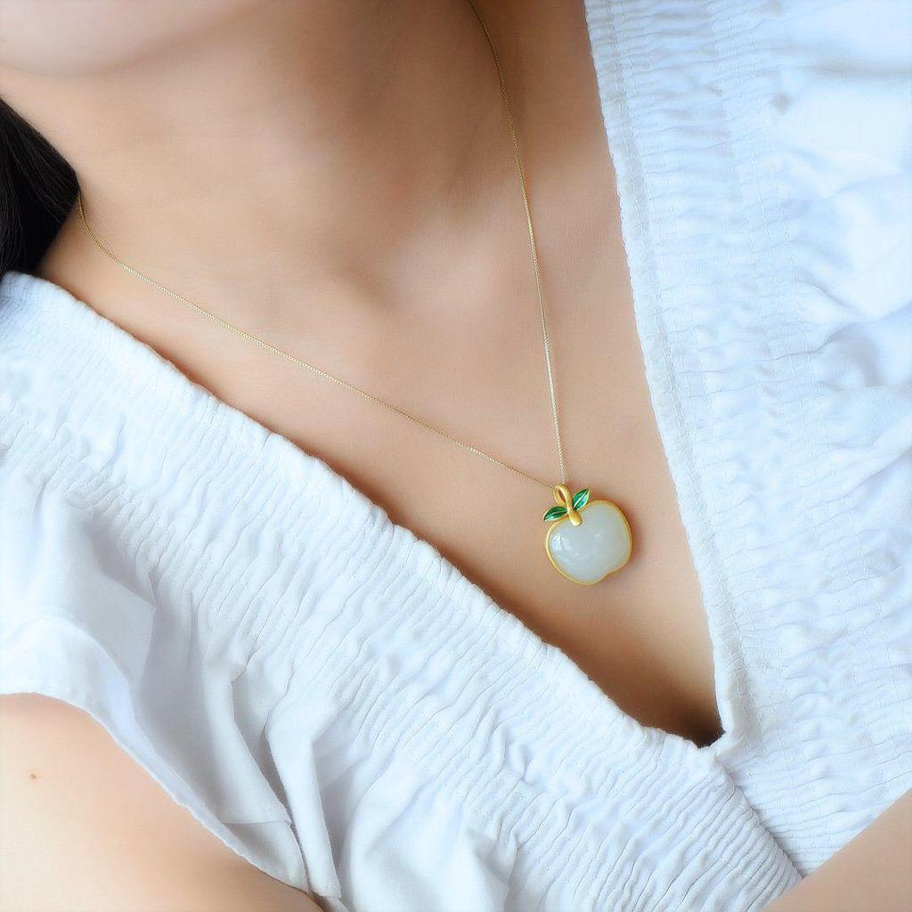 Apple Natural Hetian Jade Pendant Necklace: S925 Sterling Silver, Gold-Plated, Inlaid, Retro National Tide Style, for Women.