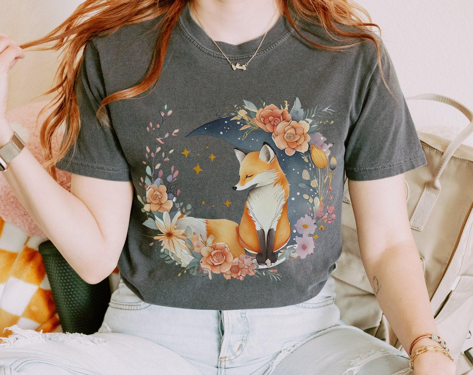 Celestial Fox T-Shirt - Whimsigoth Fairycore Witchy Graphic Tee with Floral & Moon Motifs S