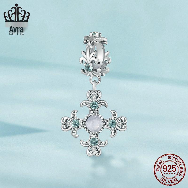 Retro Iris Cross Pendant in S925 Sterling Silver with Platinum-Plated Beads for DIY Jewelry