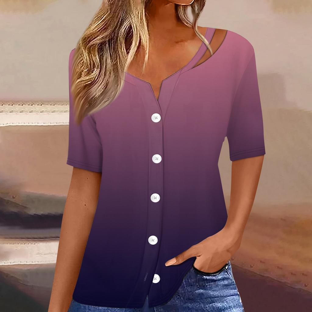 Damen T-Shirt mit Aufdruck, kurzärmelig, V-Ausschnitt, Knopfleiste, Strickjacke, T-Shirt, Top