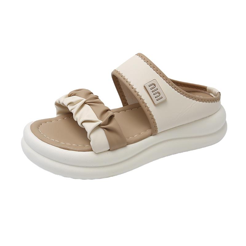 Soft leather one-word pleated sandals women's summer 2025 new Velcro platform beach sandals women's summer