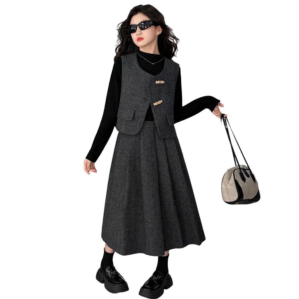 Ensemble gilet et jupe gris élégant 2025 pour filles - Collection Printemps/Automne