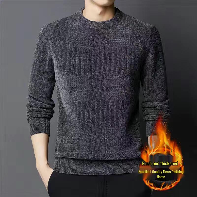 Mid-aged Men's Fleece-lined Warm Chenille Round Neck Base Layer Knitwear for Autumn/Winter