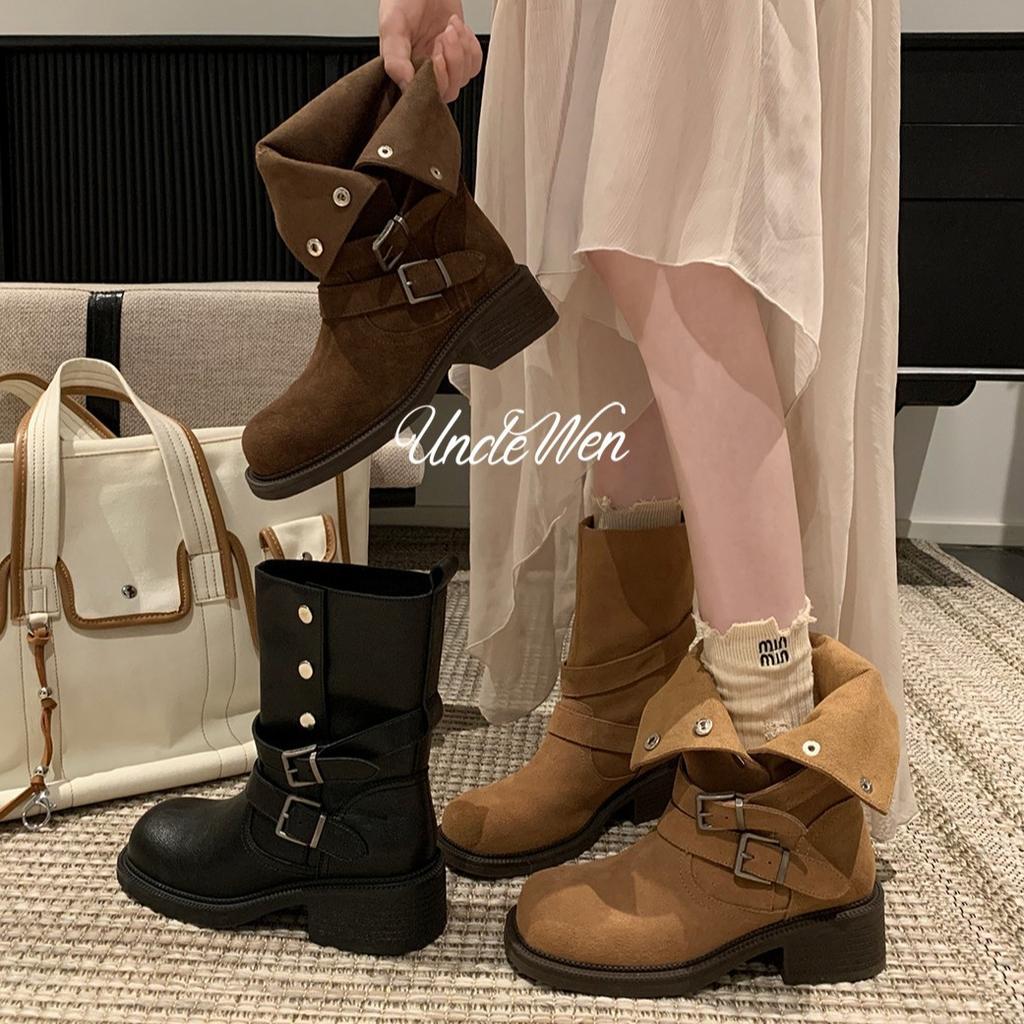 Sheepskin Version~ Stacking Boots New Versatile Thick-soled Heightening Autumn Maillard Short Boots Thick Heel Belt Buckle Martin Boots