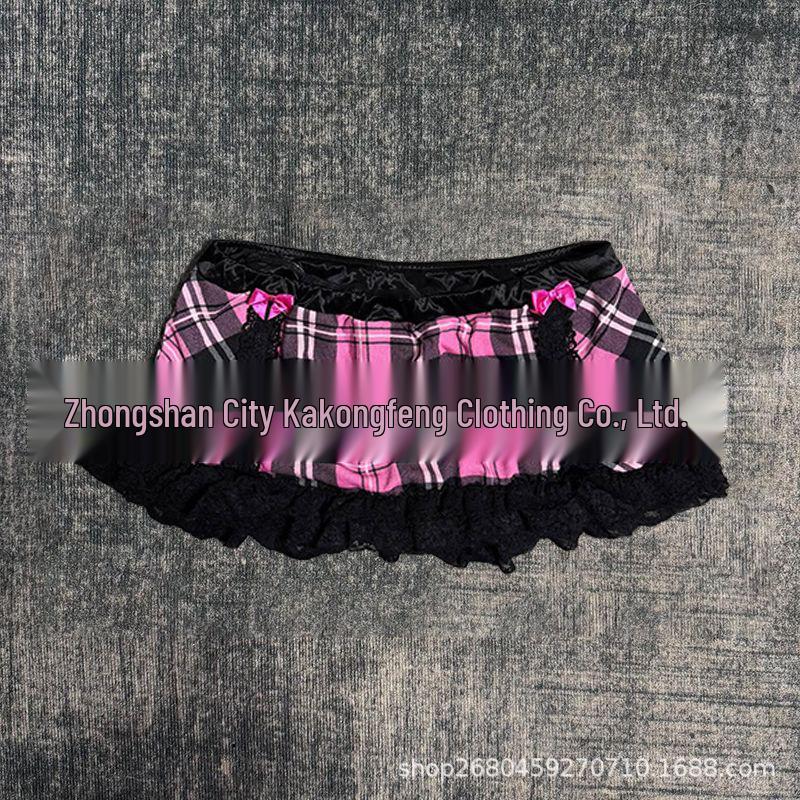 Dunkelrosa & Schwarzer Karopunkt-Spitzen-Rüschensaum Kurzer Rock - Heißer Mädchen-Streetstyle Vielseitig tragbar