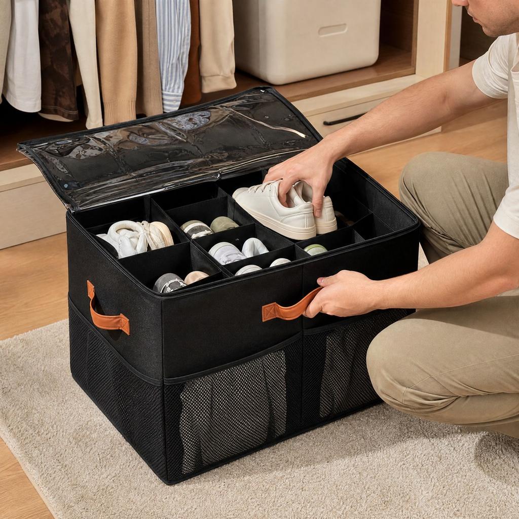 Shoe Box with 12/16/20 Grids, Large Capacity Slipper and Shoe Storage Container for Closet, Home
