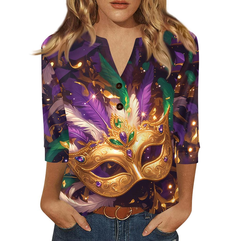 Women's Carnival Printed Fashionable Casual V-neck Button Seven Inch Sleeve T-shirt Top