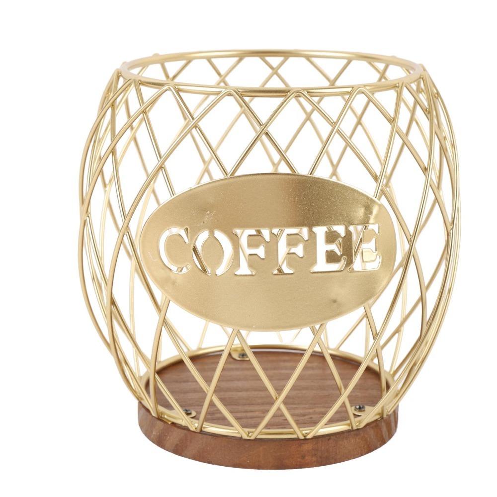 Large Capacity Coffee Pod Holder Wire Wooden Base Coffee Pod Storage Basket Easy Access Stylish Look Desktop Coffee Pod Storage