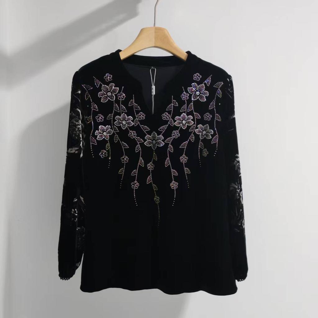 Autumn Women's Plus-Size Velvet Blouse Loose V-Neck Pullover T Shirt Embroidered Flocked Velvet Blouse
