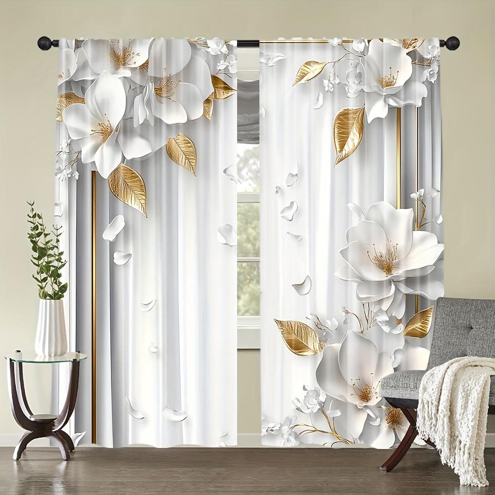 2 Pezzi Eleganti Tende in Poliestere Filtranti alla Luce con Motivo Floreale e Foglie d'Oro con Tasca per Asta per Soggiorno   Camera da Letto   Cucina e Bagno