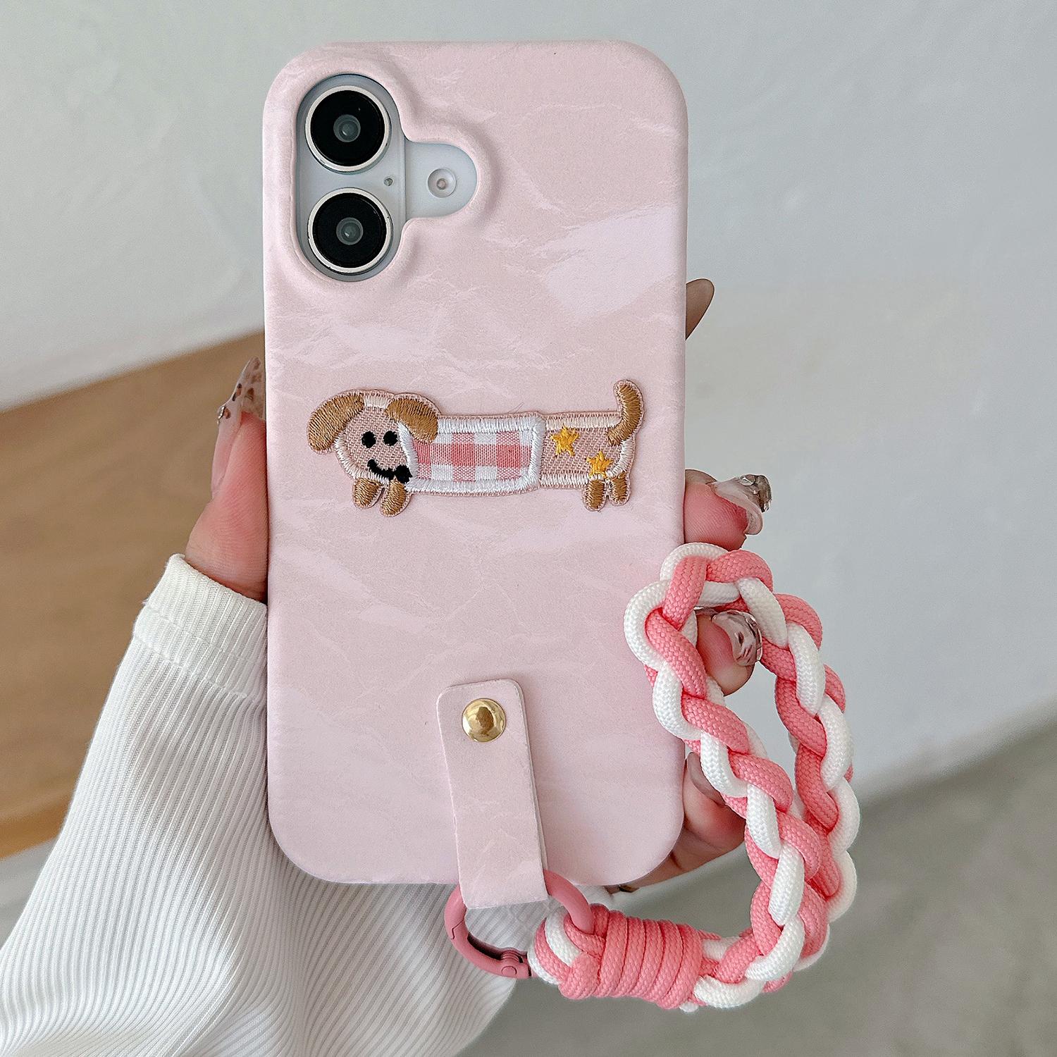 

For iPhone 16 Plus Case Cute Pattern Soft PU+PC Phone Back Cover with Braided Handy Strap C