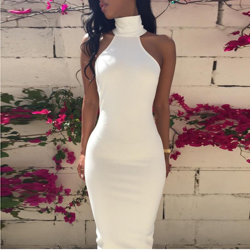 Buy Women Sexy Dress Solid Color Stand Collar Halo Tight Sexy Dress at affordable