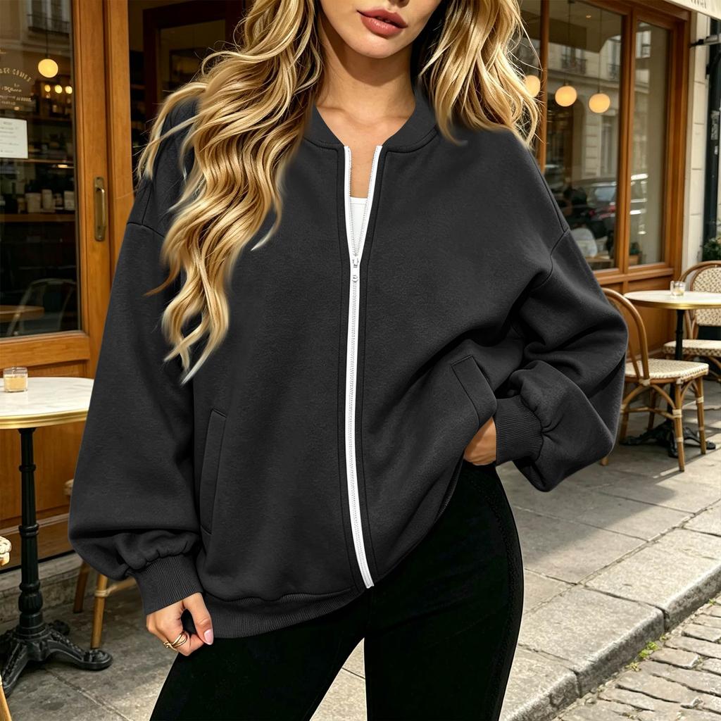 Women's Long Sleeve V-Neck Zip-Up Jacket, Casual Color Loose Fit Outerwear