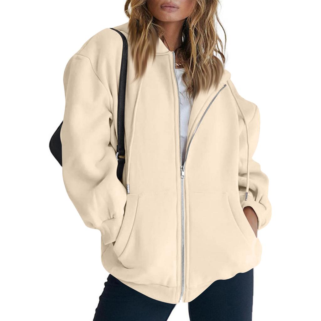 Women's  Fashion Zipper Hoodie Long Sleeve Hooded Pullover Sweatshirt Casual Solid Color Tops With Pockets