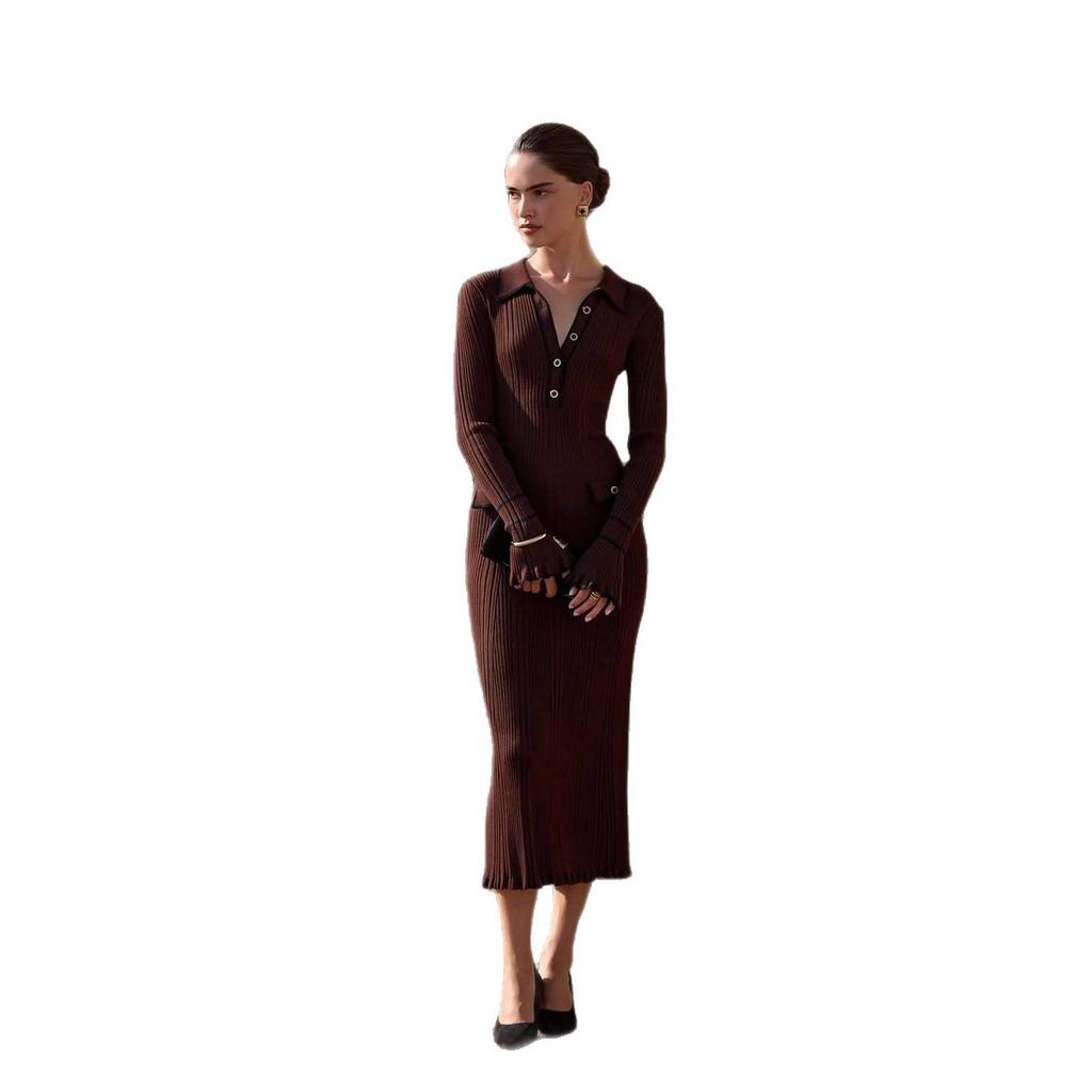 2025 Autumn European & American Women's Knitted Wool Dress with Button Shirt Collar