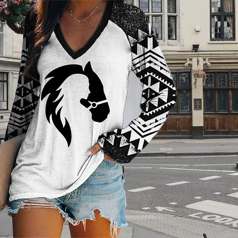 Honeybee Print Women Tshirts Ladies Tops Long Sleeve V-neck Pullover Femme T-shirts T Shirt For Women