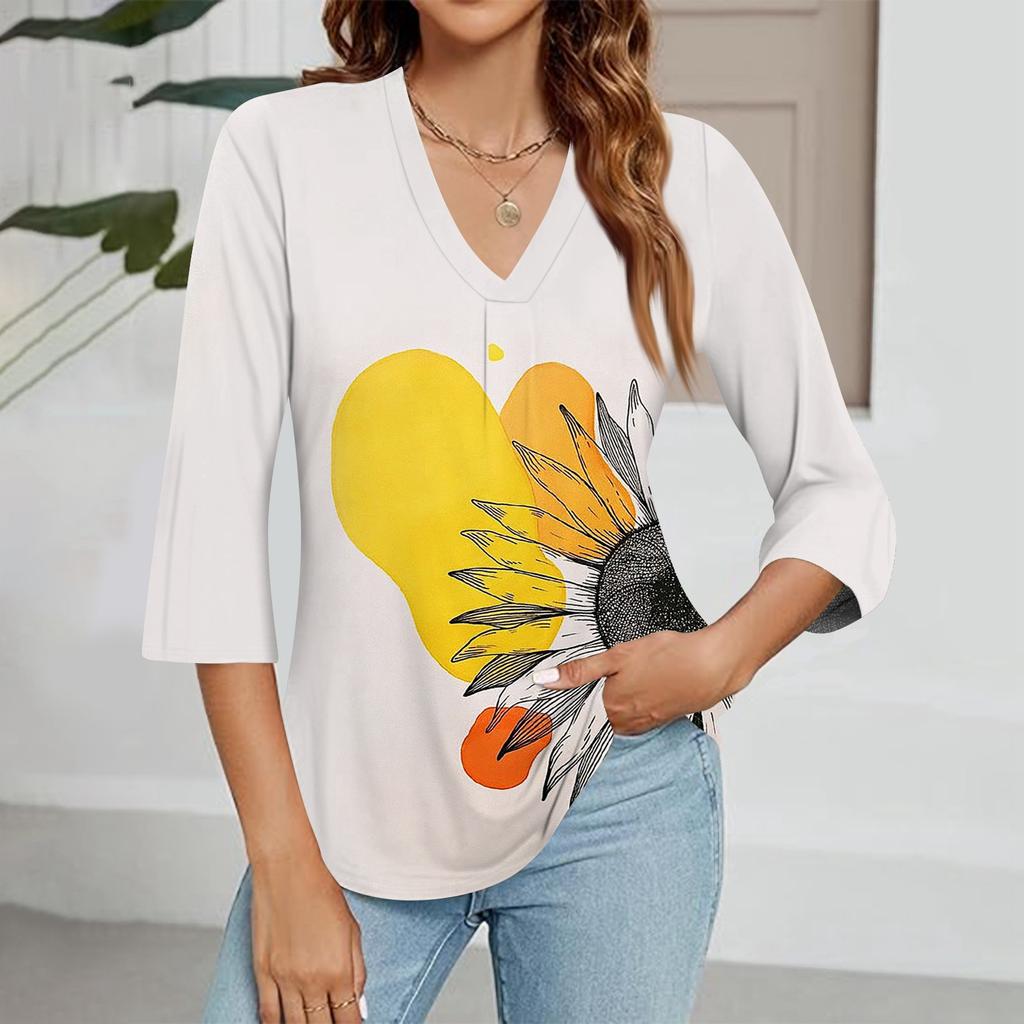 Modisches Oberteil mit V-Ausschnitt, Farbverlauf-Print und Dreiviertelärmeln für Damen