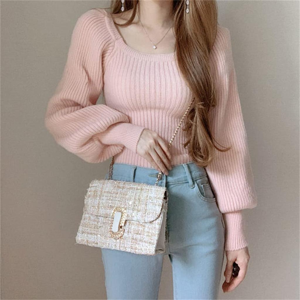 CREAM Knit Pullover Square Long Bubble Puff Solid Casual Everyday Korean Harajuku Elegant One Women's Sweater, Top, Neck, Sleeves, Sleeves, Sleeves,