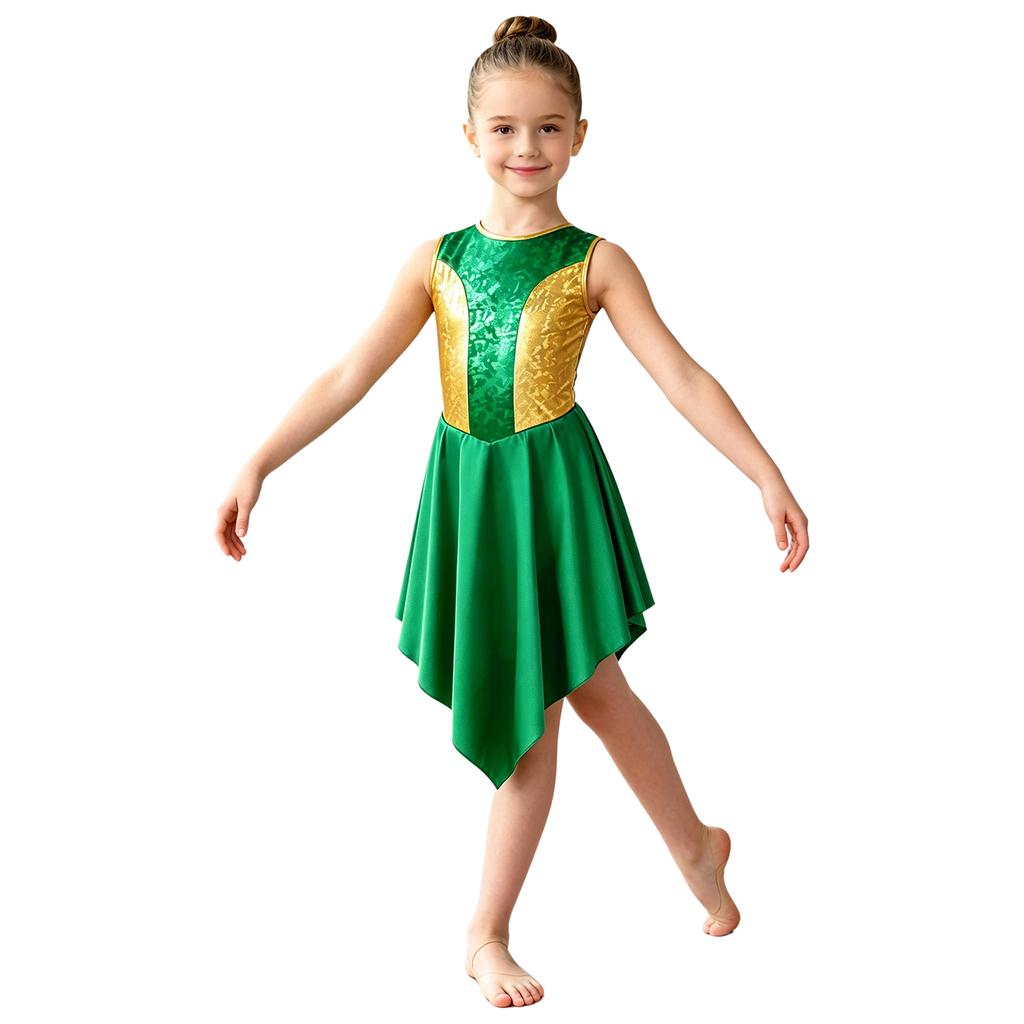 Girls Liturgical Dance Dress Sleeveless Metallic Bodice Color Block with Back Zipper and Asymmetrical Satin Hem for Praise Worship Service