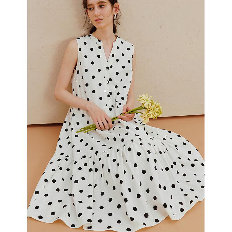 INMAN French V-Neck Polka Dot A-Line Sleeveless Dress