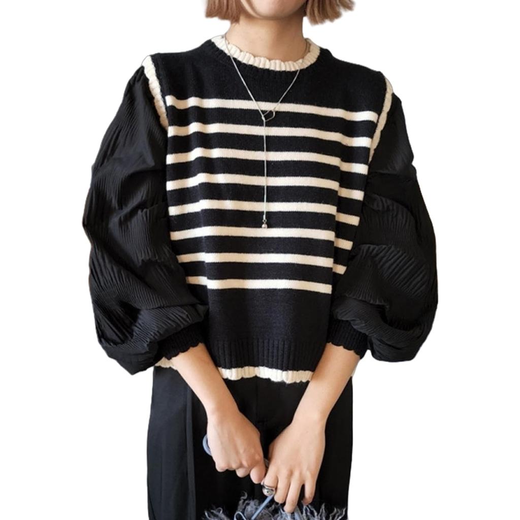 Tamglean Quion Knit Top with Balloon and Horizontal Crew Relaxed Ribbed Faux Layered and Mixed Women's Sleeves, Layering, Stripes. Lightweight,