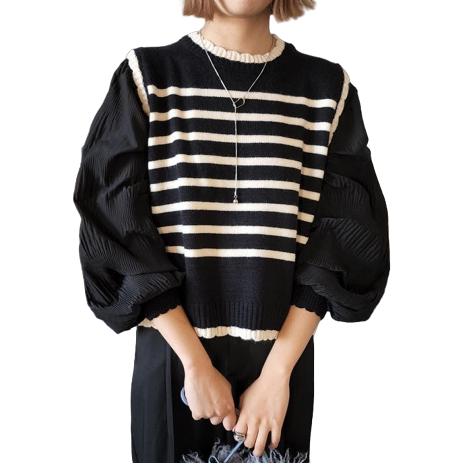

Tamglean Quion Knit Top with Balloon and Horizontal Crew Relaxed Ribbed Faux Layered and Mixed Women s Sleeves, Layering, Stripes. Lightweight, чёрный