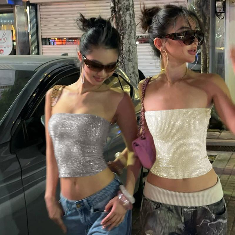 Nuevo Top de Tirantes Sexy Brillante sin Espalda Ajustado de Calle de Moda para Mujer