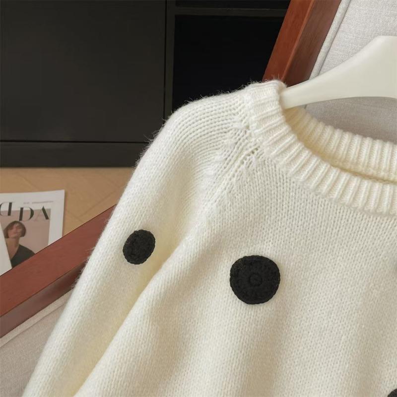 3D Polka Dot Embroidery Women's Knitted Sweater Korean Casual Lady Clothing Autumn Winter Round Neck Long Sleeved Top