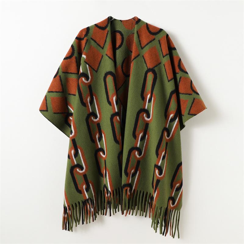 European And American Chain Retro Autumn And Winter Men'S And Women'S Double-Sided Shawl With Imitation Cashmere High-End Warm Fringed Scarf Cape