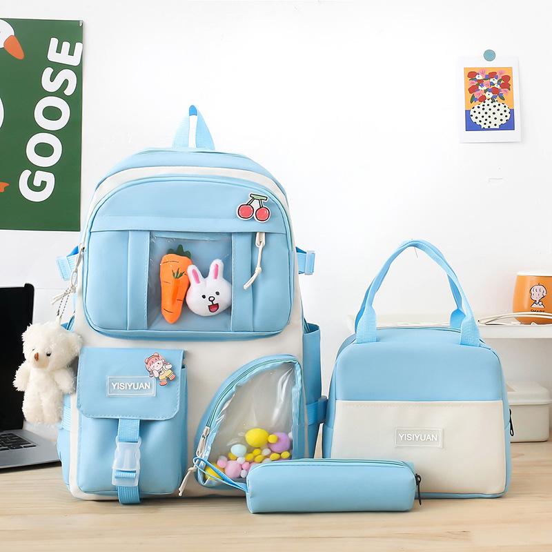 School Bag New Canvas Backpack Women's Small Fresh Contrasting Color Backpack Three-piece Set Junior High School Versatile Campus School Bag Tide