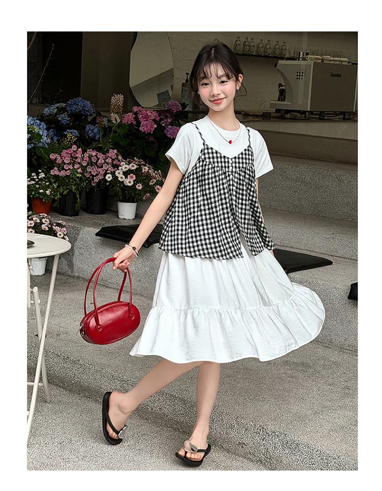 Girls' summer plaid camisole dress set, stylish children's short sleeved white casual mid length skirt