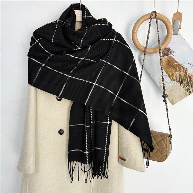 New Plaid Scarf for Women in Autumn and Winter Imitation Cashmere Korean Version Simple Versatile Warm Shawl Student Style Tassel Scarf